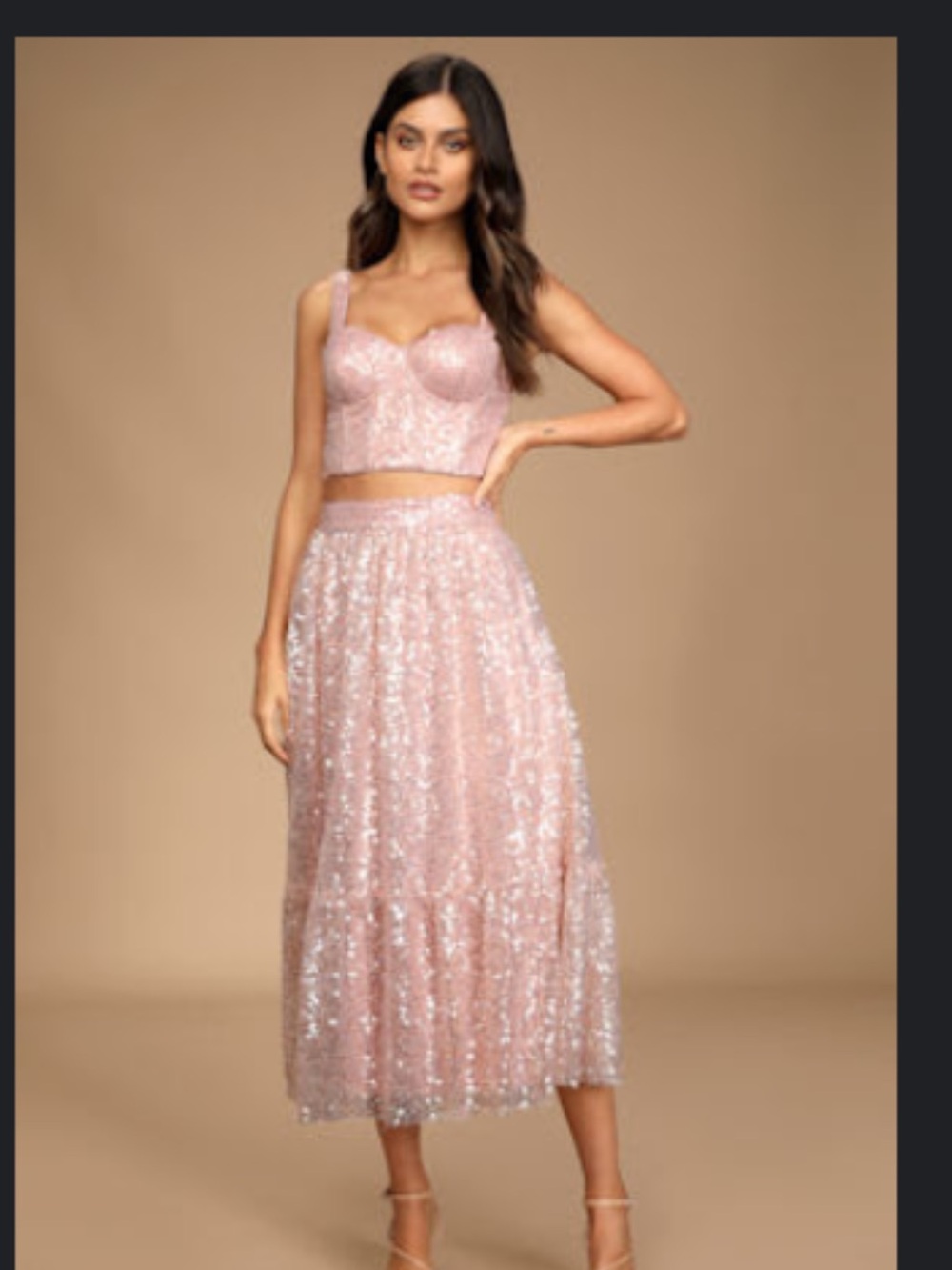 Lulu's Blush Pink Sequin Two-Piece Midi Skirt Set